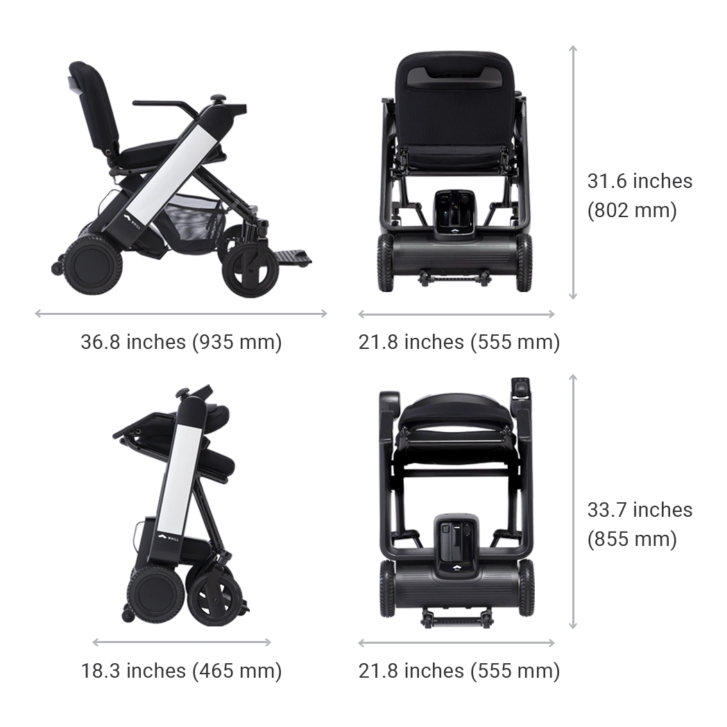 WHILL Model F folding power wheelchair dimensions diagram