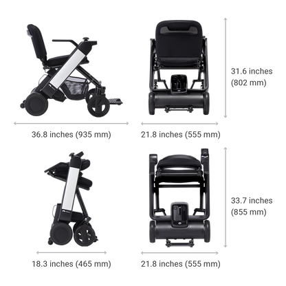 WHILL Model F folding power wheelchair dimensions diagram