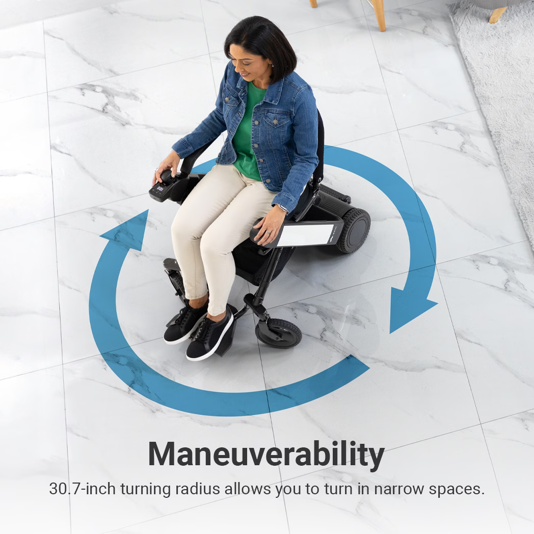 WHILL Model F demonstrating compact indoor manoeuvrability