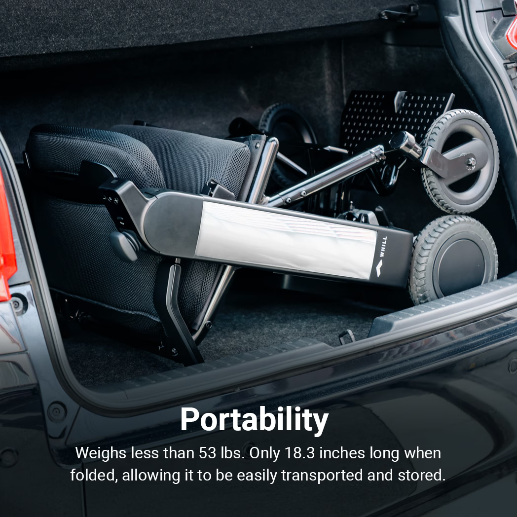 WHILL Model F folded for transport and storage