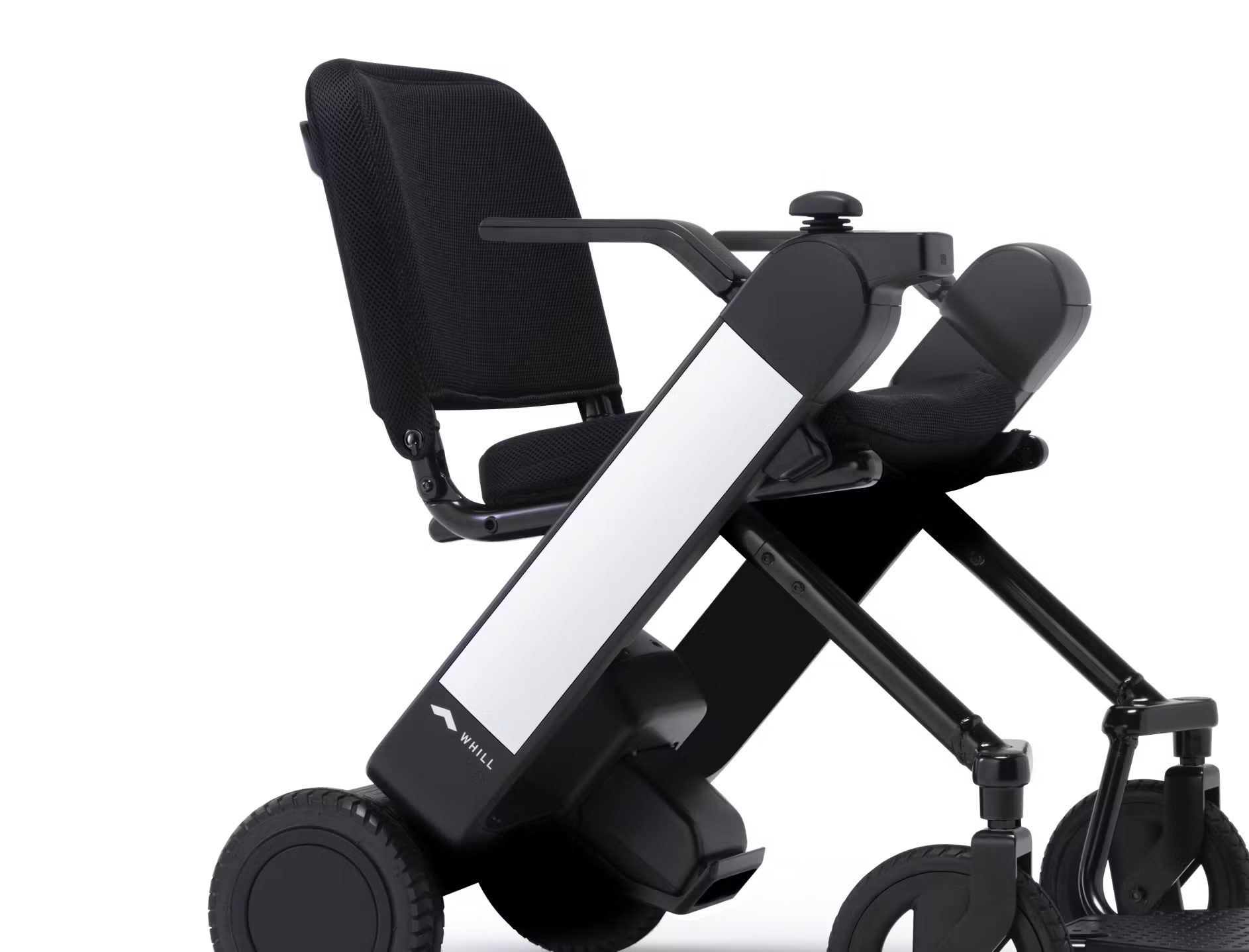 WHILL Model F folding power wheelchair, official side detail