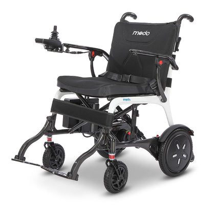 WHILL MODO Breeze carbon-fibre folding power wheelchair, three-quarter front studio view