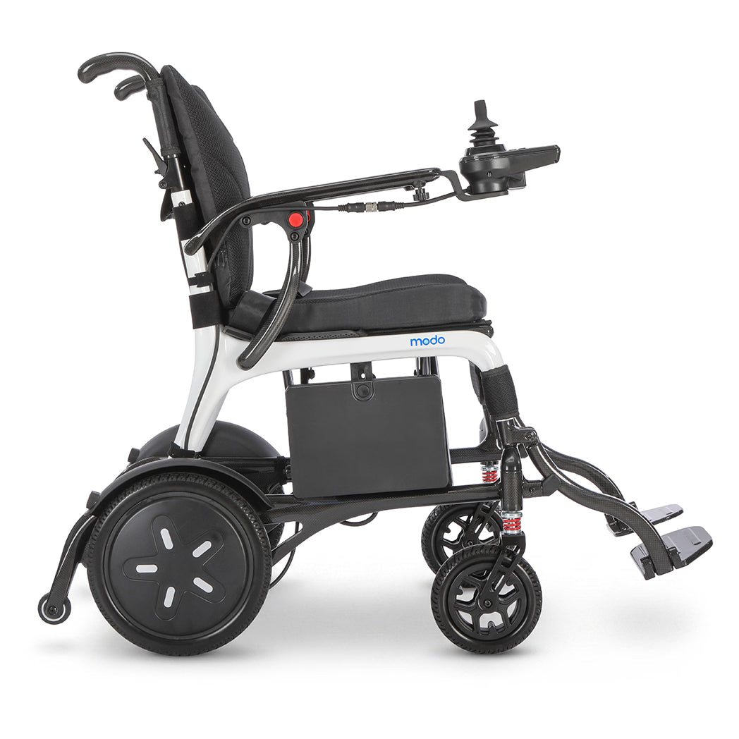 WHILL MODO Breeze carbon-fibre folding power wheelchair, right-side studio view
