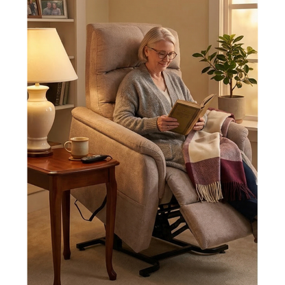 Lifestyle image of a woman sitting upright in the beige Golden Elara lift chair while enjoying a book in her living room.