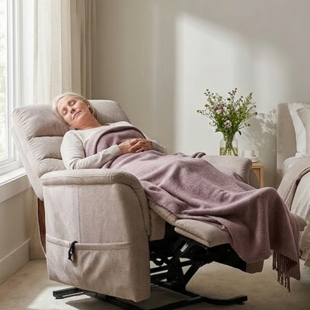 Lifestyle shot of a senior woman relaxing comfortably under a blanket in the fully reclined Golden Elara PL118MSM lift chair.