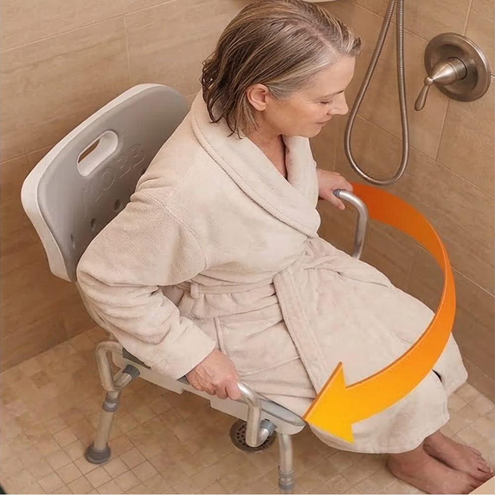 Lifestyle shot of a woman in a bathrobe safely sitting on the MOBB Swivel Shower Chair inside a standard bathtub.