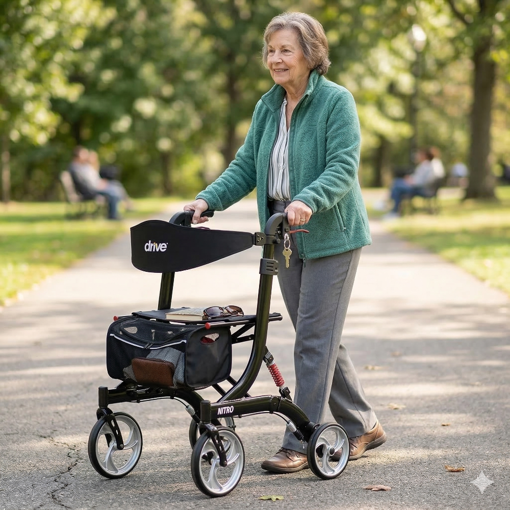 Lifestyle shot of a woman confidently walking outdoors on a paved path using the black Drive Medical Nitro HD bariatric rollator for support.