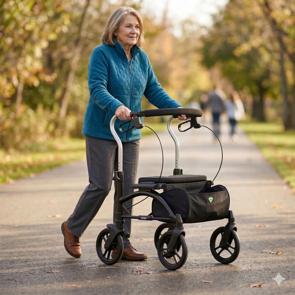 Lifestyle shot of a woman confidently walking outdoors on a paved path using the black Evolution Xpresso Lite rollator for support.