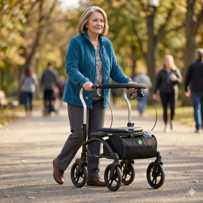 Wide lifestyle image of a woman enjoying an outdoor walk on a tree-lined path, comfortably utilizing the black Evolution Xpresso Lite rollator.