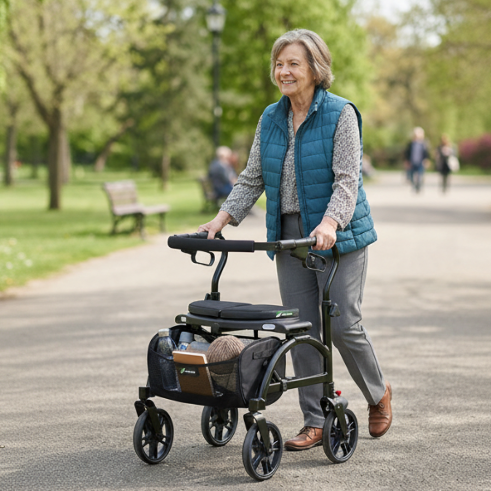 Lifestyle image of a woman confidently walking through a park using the heavy-duty Evolution Xpresso Wide rollator for reliable mobility.