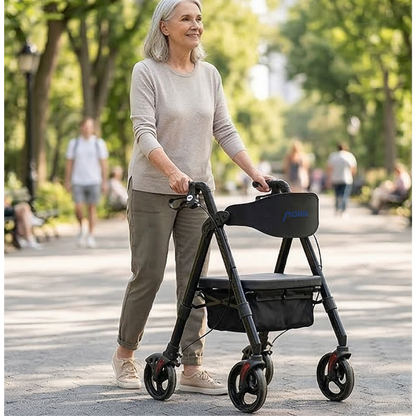 Lifestyle image of a woman confidently walking outdoors on a sunny day using the black MOBB aluminum folding rollator.