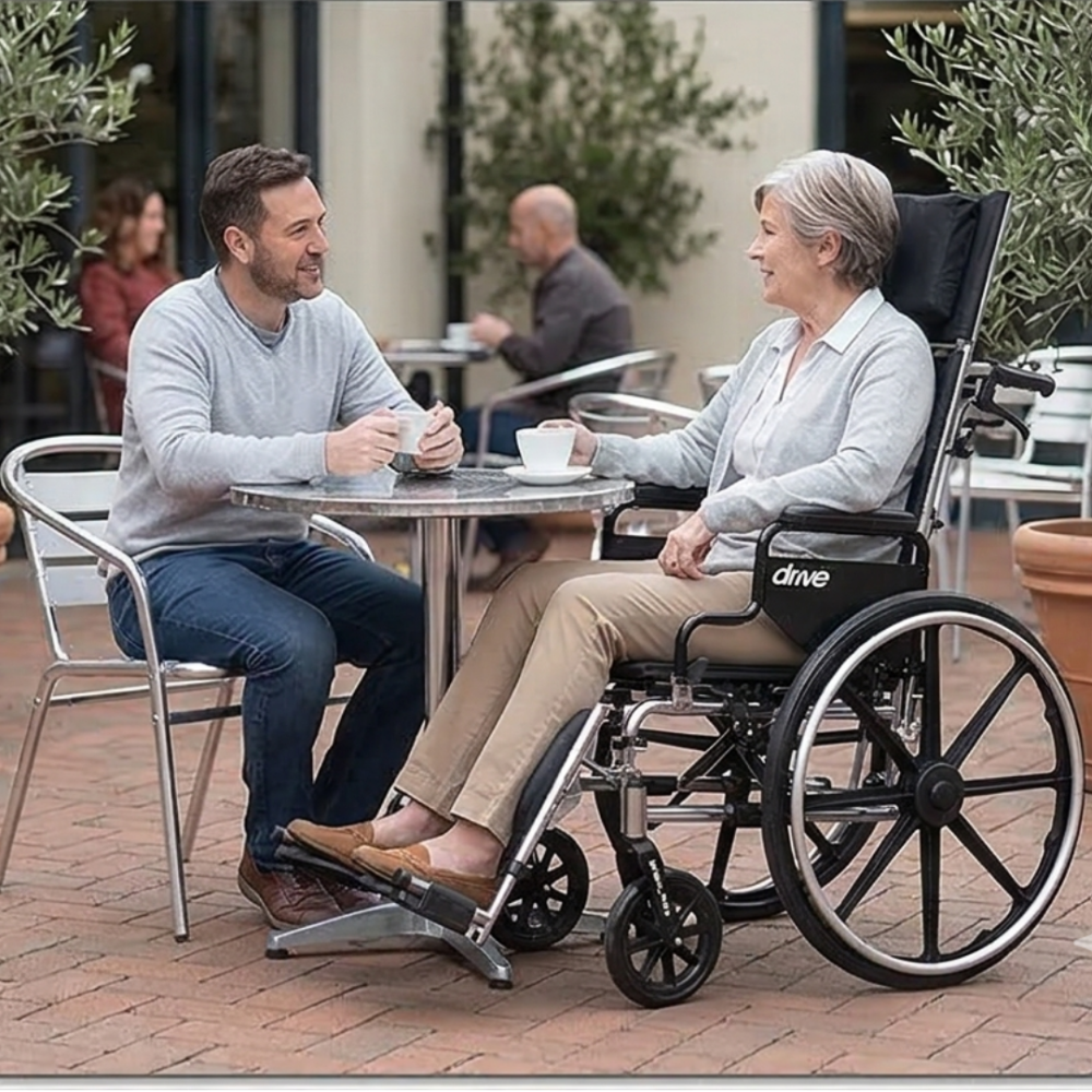 Lifestyle shot of two women conversing indoors, with one comfortably seated and supported in the Drive Medical Viper Plus reclining wheelchair.