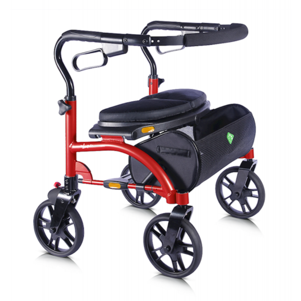 Red Evolution Xpresso Wide Low rollator walker with padded seat and storage basket, front angled view.